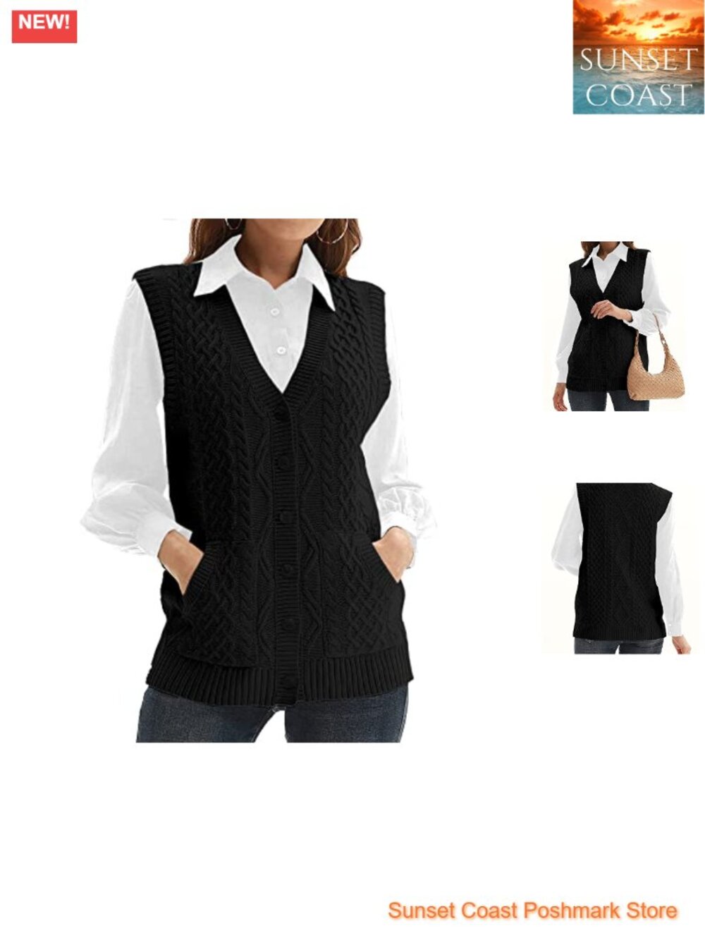 Womens Cable Knit Sweater Vest V Neck Sleeveless Button Down Pocket Outwear